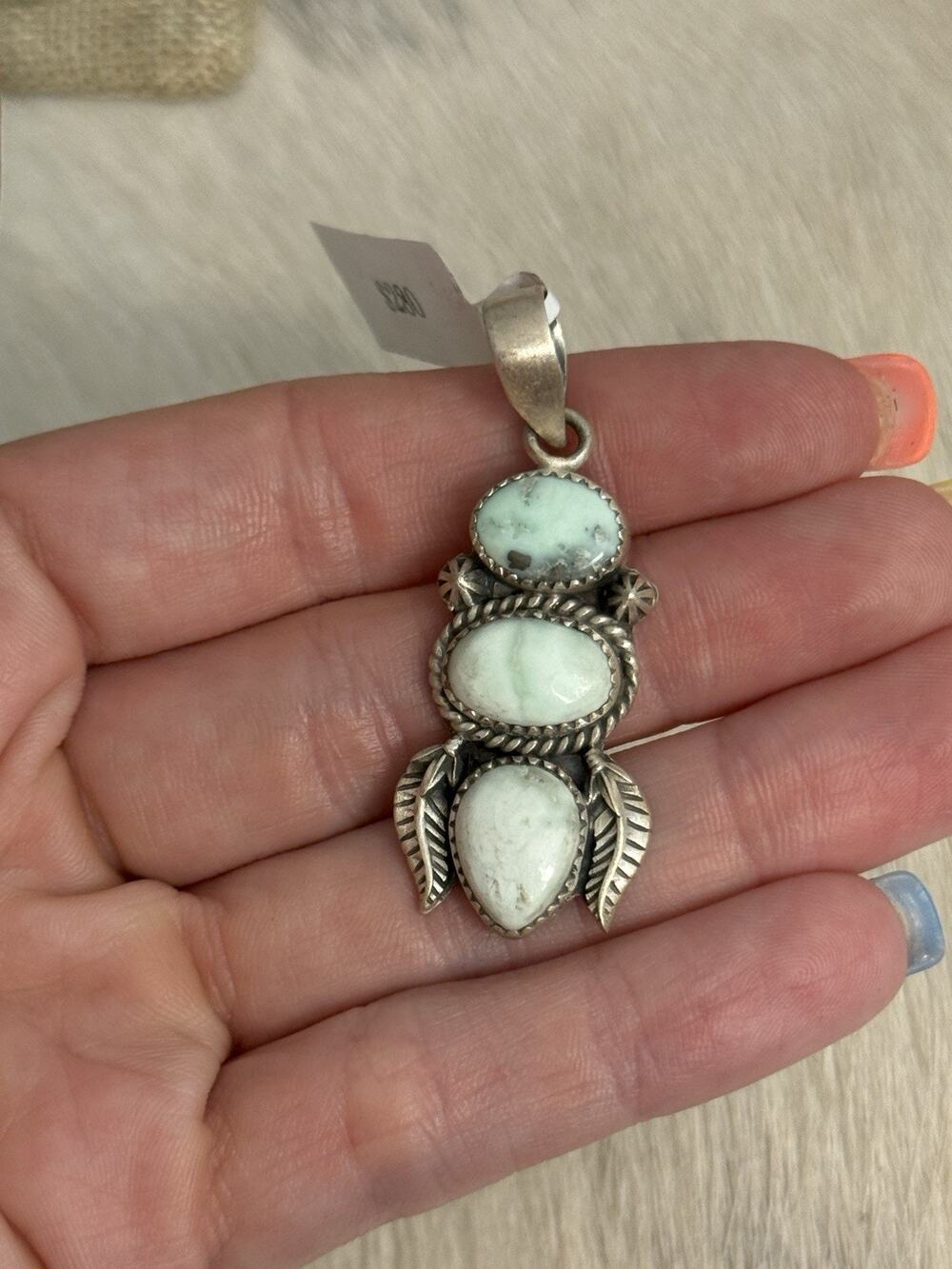 Sterling Silver Multi-stone 3 Stone Green Paloma Turquoise Feather Leaf Pendant
